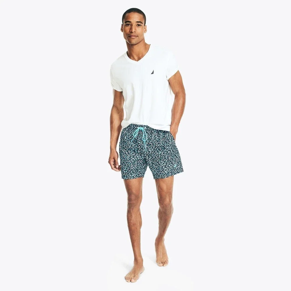 Nautica Swim Trunks Shorts Mens Navy Blue Fish Print Drawstring Waist FTS1026